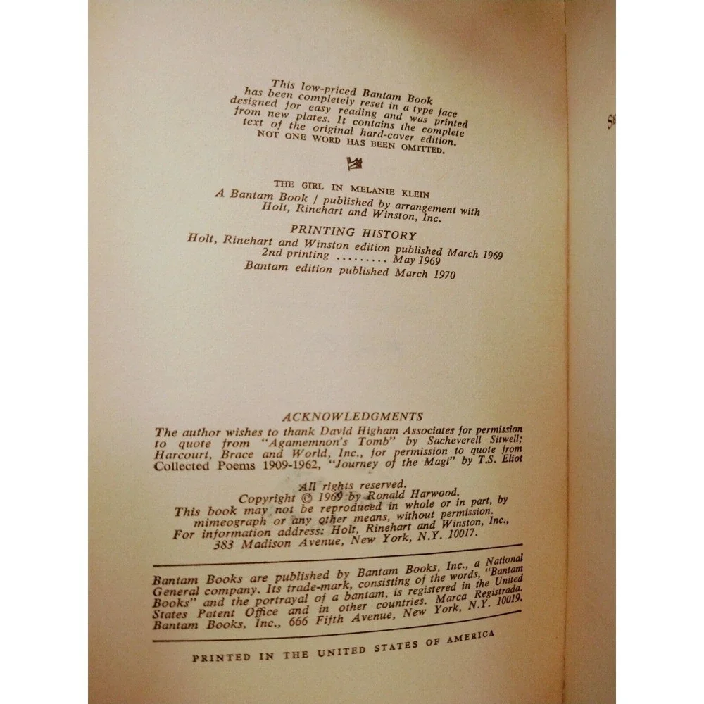 Girl in Melanie Klein Ronald Harwood 1970 Vtg Ex‑Lib Psychological Fiction‎ PB